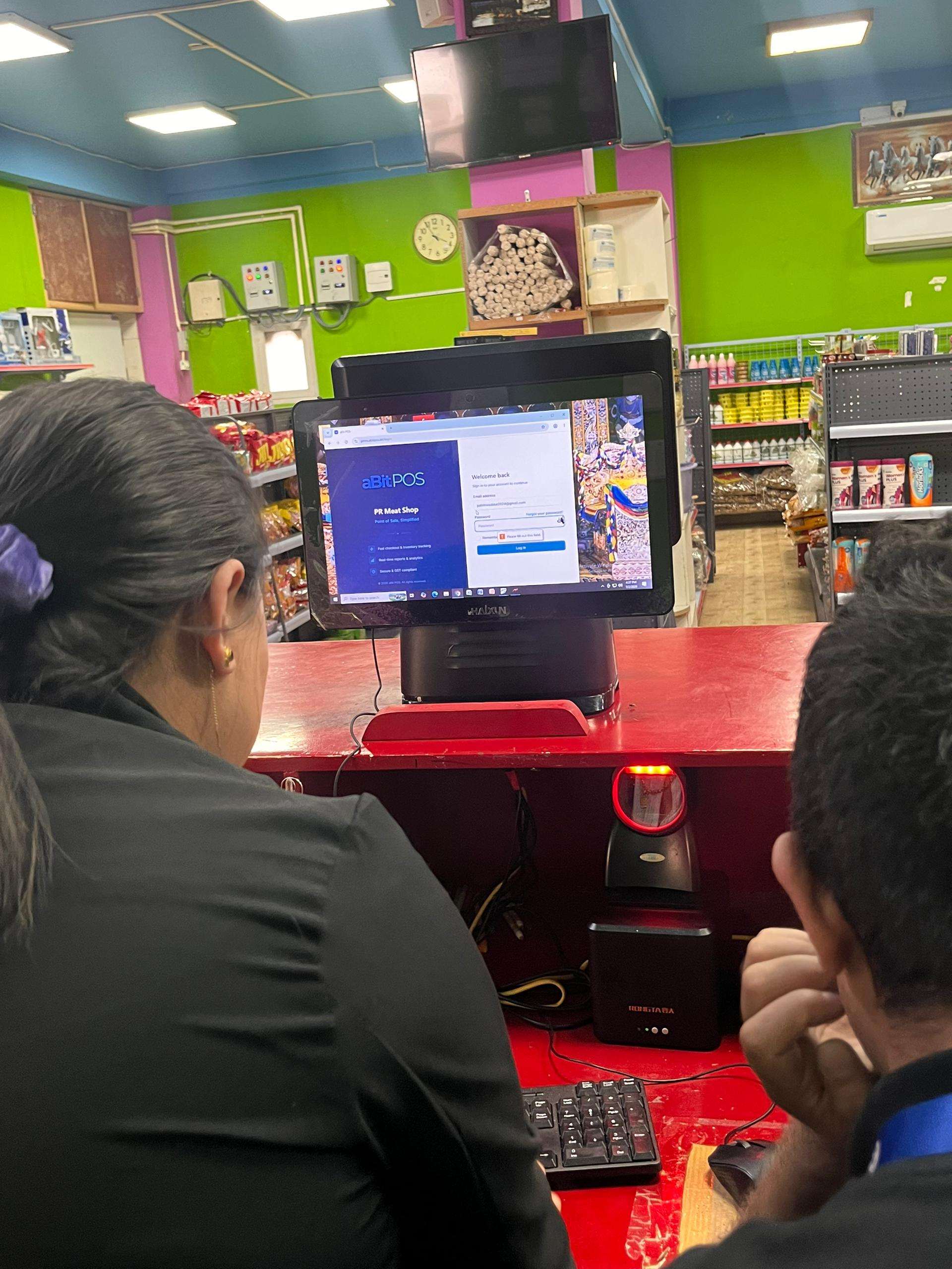 aBitPOS running on the PR Meat Shop counter terminal, showing the branded login screen